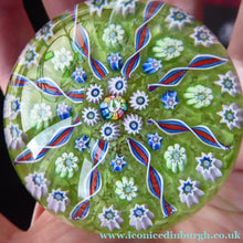 Load image into Gallery viewer, Scottish PERTHSHIRE Paperweight. Pea Green Ground, 11 Spokes &amp; Millefiori Canes. P Cane in Center
