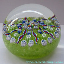 Load image into Gallery viewer, Scottish PERTHSHIRE Paperweight. Pea Green Ground, 11 Spokes &amp; Millefiori Canes. P Cane in Center
