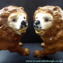 Load image into Gallery viewer, ANTIQUE PAIR of Victorian Standing Staffordshire Style Bo'ness Lions. Large &amp; Substantial Pair in Excellent Condition
