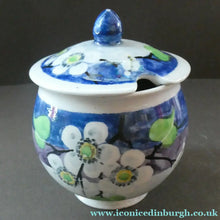 Load image into Gallery viewer, 1920s Mak Merry Hand-Painted LIDDED POT. Blue Background with Prunus Flowers
