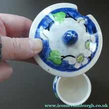 Load image into Gallery viewer, 1920s Mak Merry Hand-Painted LIDDED POT. Blue Background with Prunus Flowers
