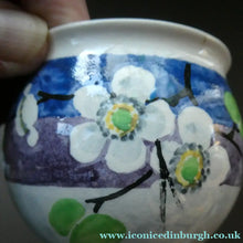 Load image into Gallery viewer, 1920s Mak Merry Hand-Painted LIDDED POT. Blue Background with Prunus Flowers

