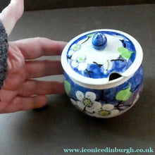 Load image into Gallery viewer, 1920s Mak Merry Hand-Painted LIDDED POT. Blue Background with Prunus Flowers
