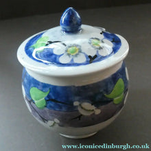 Load image into Gallery viewer, 1920s Mak Merry Hand-Painted LIDDED POT. Blue Background with Prunus Flowers
