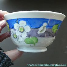 Load image into Gallery viewer, 1920s Mak Merry Hand-Painted Open Bowl. Blue Background with Prunus Flowers

