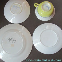 Load image into Gallery viewer, Antique 1920s Hand Painted MAK MERRY Pottery Trio. Cup, Saucer and Side Plate and Another Larger Plate
