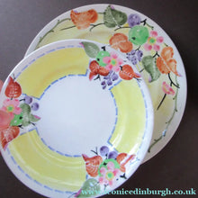 Load image into Gallery viewer, Antique 1920s Hand Painted MAK MERRY Pottery Trio. Cup, Saucer and Side Plate and Another Larger Plate
