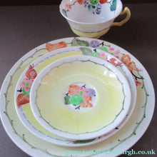 Load image into Gallery viewer, Antique 1920s Hand Painted MAK MERRY Pottery Trio. Cup, Saucer and Side Plate and Another Larger Plate
