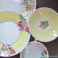 Load image into Gallery viewer, Antique 1920s Hand Painted MAK MERRY Pottery Trio. Cup, Saucer and Side Plate and Another Larger Plate
