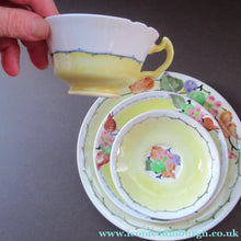 Load image into Gallery viewer, Antique 1920s Hand Painted MAK MERRY Pottery Trio. Cup, Saucer and Side Plate and Another Larger Plate
