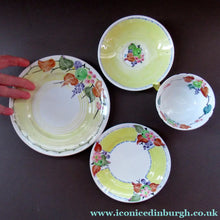 Load image into Gallery viewer, Antique 1920s Hand Painted MAK MERRY Pottery Trio. Cup, Saucer and Side Plate and Another Larger Plate
