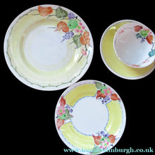 Load image into Gallery viewer, Antique 1920s Hand Painted MAK MERRY Pottery Trio. Cup, Saucer and Side Plate and Another Larger Plate
