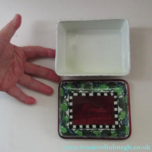 Load image into Gallery viewer, Bough Pottery CANDY BOX. Hand Painted Fruits and Abstract Patterns by Richard Amour; 1920s
