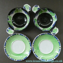 Load image into Gallery viewer, Rarer Bough Pottery ART DECO Ceramic Quaichs and Matching Underplates. Painted by Elizabeth Amour 1920s
