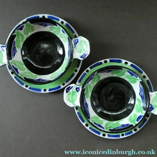 Load image into Gallery viewer, Rarer Bough Pottery ART DECO Ceramic Quaichs and Matching Underplates. Painted by Elizabeth Amour 1920s
