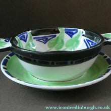Load image into Gallery viewer, Rarer Bough Pottery ART DECO Ceramic Quaichs and Matching Underplates. Painted by Elizabeth Amour 1920s
