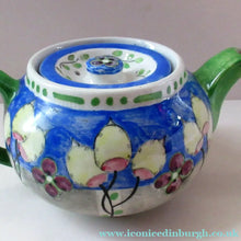 Load image into Gallery viewer, 1920s Scottish Art Pottery Makmerry Mak Merry Teapot with Honesty Heads. Blue Colour
