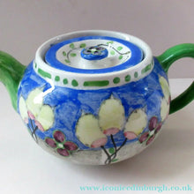 Load image into Gallery viewer, 1920s Scottish Art Pottery Makmerry Mak Merry Teapot with Honesty Heads. Blue Colour
