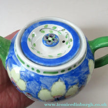 Load image into Gallery viewer, 1920s Scottish Art Pottery Makmerry Mak Merry Teapot with Honesty Heads. Blue Colour
