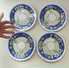 Load image into Gallery viewer, SET OF FOUR 1920s Mak Merry Hand-Painted Dessert Plates. Blue Background with Prunus Flowers. 7 inches
