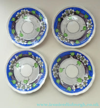 Load image into Gallery viewer, SET OF FOUR 1920s Mak Merry Hand-Painted Dessert Plates. Blue Background with Prunus Flowers. 7 inches
