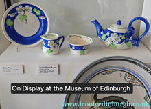 Load image into Gallery viewer, SCOTTISH POTTERY. SET OF SIX 1920s Mak Merry Hand-Painted Dessert Plates. Blue Background with Prunus Flowers. 8 inches
