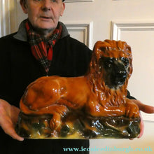 Load image into Gallery viewer, Antique SINGLE VICTORIAN Bo'ness Pottery Large Recumbent Lion, c 1900
