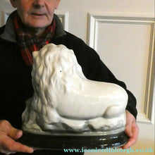 Load image into Gallery viewer, Large ANTIQUE Victorian Staffordshire GREY Recumbent Lion with Glass Eyes. 11 inches in length
