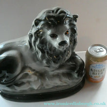 Load image into Gallery viewer, Large ANTIQUE Victorian Staffordshire GREY Recumbent Lion with Glass Eyes. 11 inches in length
