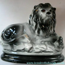 Load image into Gallery viewer, Large ANTIQUE Victorian Staffordshire GREY Recumbent Lion with Glass Eyes. 11 inches in length
