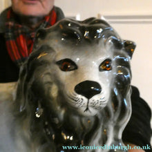 Load image into Gallery viewer, Large ANTIQUE Victorian Staffordshire GREY Recumbent Lion with Glass Eyes. 11 inches in length
