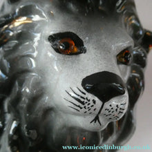 Load image into Gallery viewer, Large ANTIQUE Victorian Staffordshire GREY Recumbent Lion with Glass Eyes. 11 inches in length
