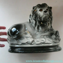 Load image into Gallery viewer, Large ANTIQUE Victorian Staffordshire GREY Recumbent Lion with Glass Eyes. 11 inches in length
