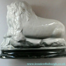 Load image into Gallery viewer, Large ANTIQUE Victorian Staffordshire GREY Recumbent Lion with Glass Eyes. 11 inches in length
