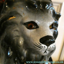 Load image into Gallery viewer, Large ANTIQUE Victorian Staffordshire GREY Recumbent Lion with Glass Eyes. 11 inches in length
