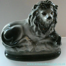 Load image into Gallery viewer, Large ANTIQUE Victorian Staffordshire GREY Recumbent Lion with Glass Eyes. 11 inches in length
