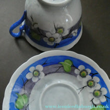 Load image into Gallery viewer, Vintage 1920s Hand Painted MAK MERRY: Cup and Saucer/ White Prunus on Blue
