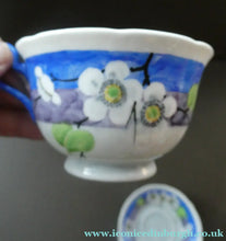 Load image into Gallery viewer, Vintage 1920s Hand Painted MAK MERRY: Cup and Saucer/ White Prunus on Blue
