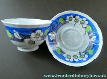 Load image into Gallery viewer, Vintage 1920s Hand Painted MAK MERRY: Cup and Saucer/ White Prunus on Blue
