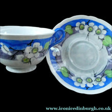 Load image into Gallery viewer, Vintage 1920s Hand Painted MAK MERRY: Cup and Saucer/ White Prunus on Blue
