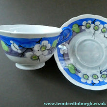 Load image into Gallery viewer, Vintage 1920s Hand Painted MAK MERRY: Cup and Saucer/ White Prunus on Blue
