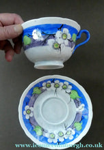 Load image into Gallery viewer, Vintage 1920s Hand Painted MAK MERRY: Cup and Saucer/ White Prunus on Blue
