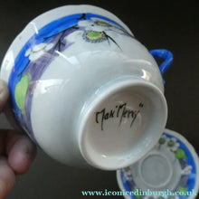 Load image into Gallery viewer, Vintage 1920s Hand Painted MAK MERRY: Cup and Saucer/ White Prunus on Blue
