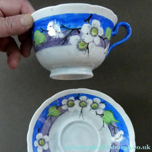 Load image into Gallery viewer, Vintage 1920s Hand Painted MAK MERRY: Cup and Saucer/ White Prunus on Blue
