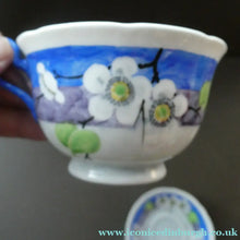 Load image into Gallery viewer, Vintage 1920s Hand Painted MAK MERRY: Cup and Saucer/ White Prunus on Blue
