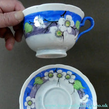 Load image into Gallery viewer, Vintage 1920s Hand Painted MAK MERRY: Cup and Saucer/ White Prunus on Blue

