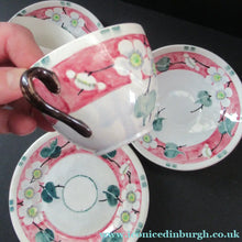 Load image into Gallery viewer, Antique Scottish Pottery Bough. Cup and Saucers &amp; Side Plate. Pink Prunus
