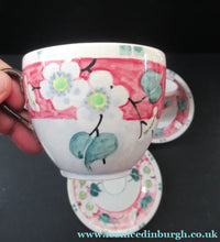 Load image into Gallery viewer, Antique Scottish Pottery Bough. Cup and Saucers &amp; Side Plate. Pink Prunus
