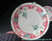 Load image into Gallery viewer, Antique Scottish Pottery Bough. Cup and Saucers &amp; Side Plate. Pink Prunus

