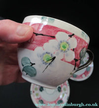 Load image into Gallery viewer, Antique Scottish Pottery Bough. Cup and Saucers &amp; Side Plate. Pink Prunus
